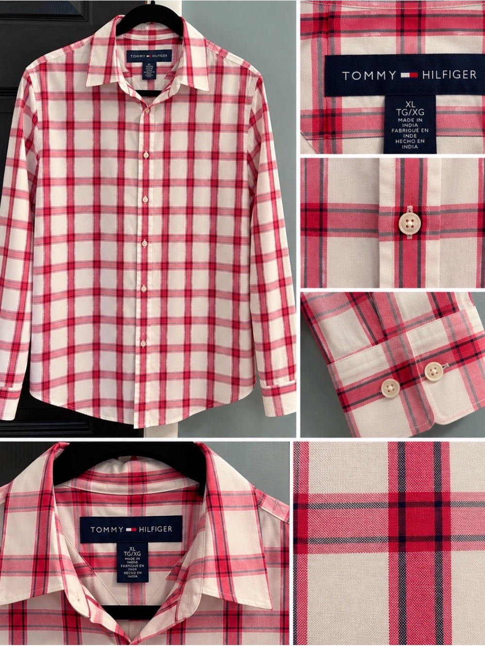 Tommy Hilfiger Men’s Red and White Plaid Dress Shirt